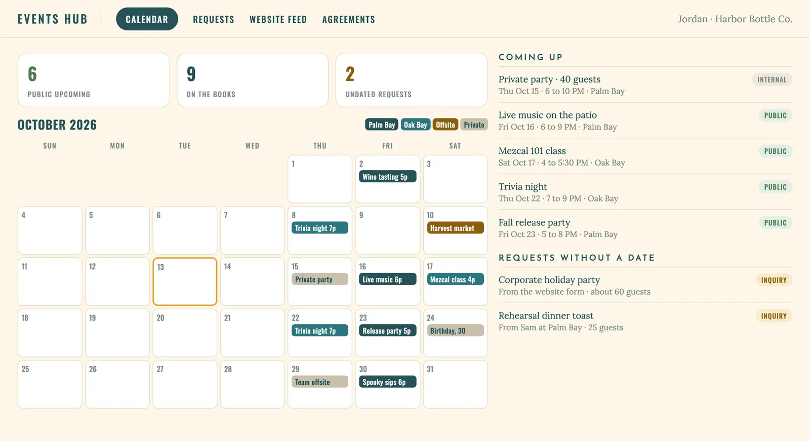 One calendar for every location, color-coded, with requests that don't have a date yet.