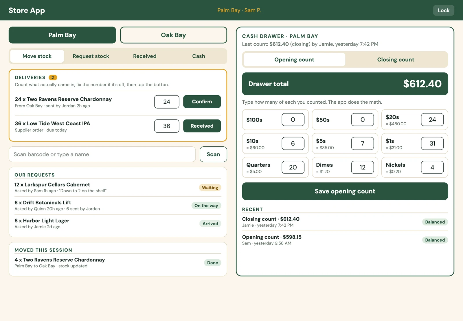 The staff Store App on an iPad: deliveries, stock moves, requests and the cash drawer count